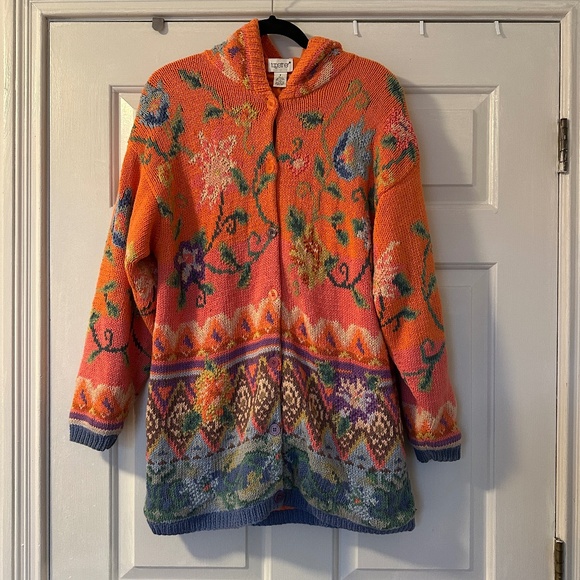 Vintage 90s Together Orange Floral Knit Hooded Cardigan Sweater S Cotton Lined